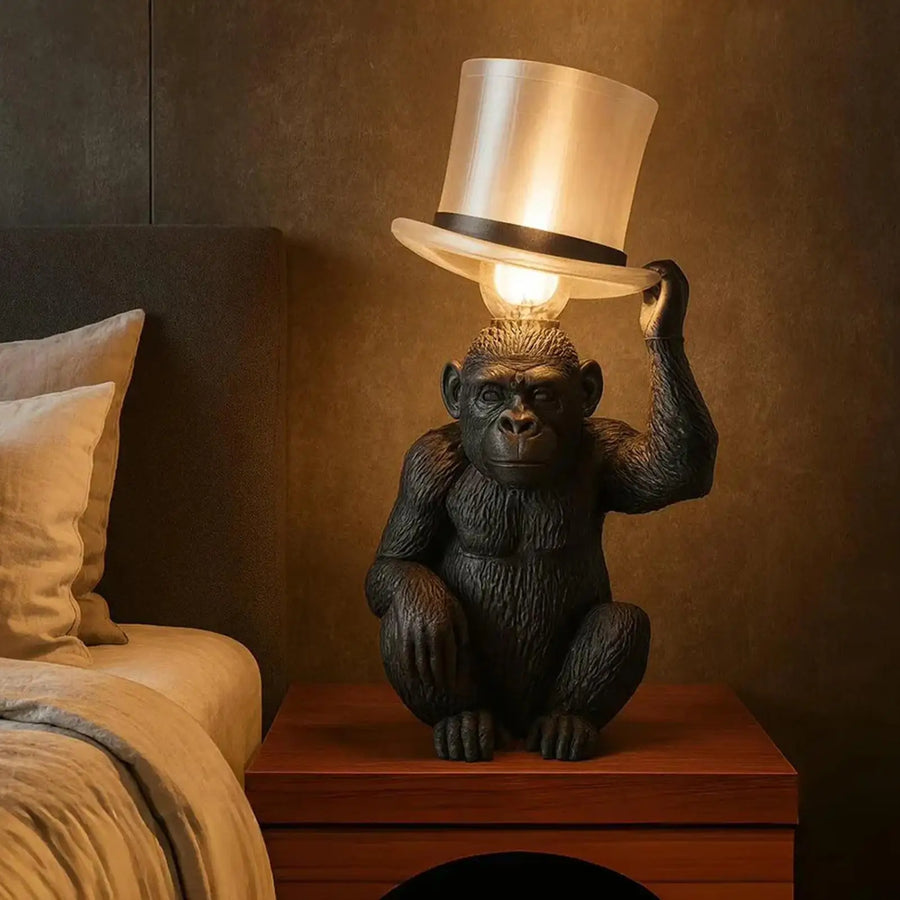 Baron – lampe singe en résine, chapeau haut-de-forme lumineux