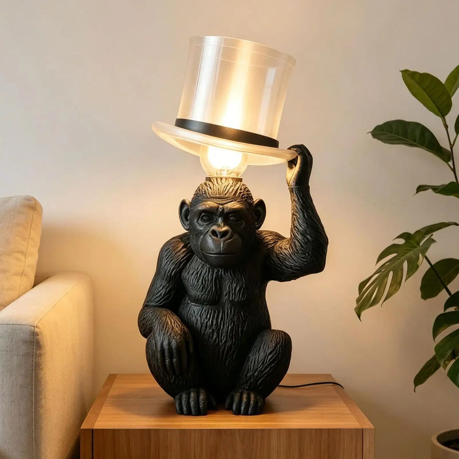 Baron – lampe singe en résine, chapeau haut-de-forme lumineux