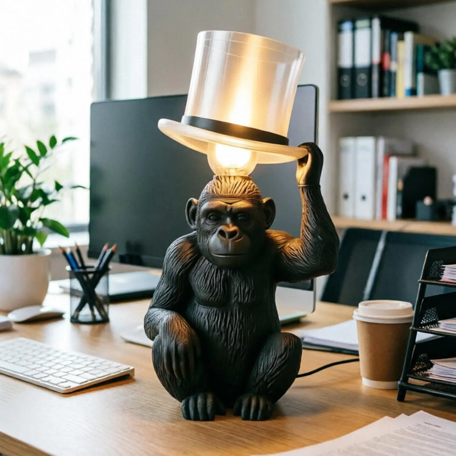Baron – lampe singe en résine, chapeau haut-de-forme lumineux